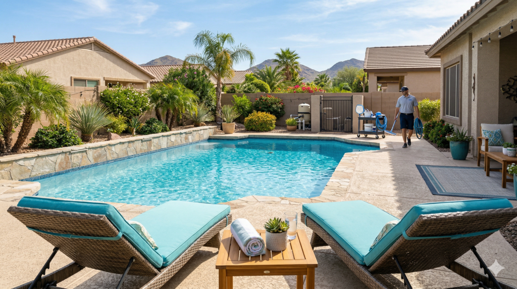 Pool technician performing routine pool maintenance in West Valley Arizona
