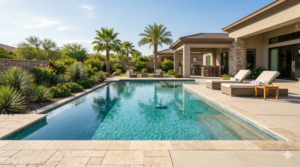 Clean residential backyard pool at a West Valley home