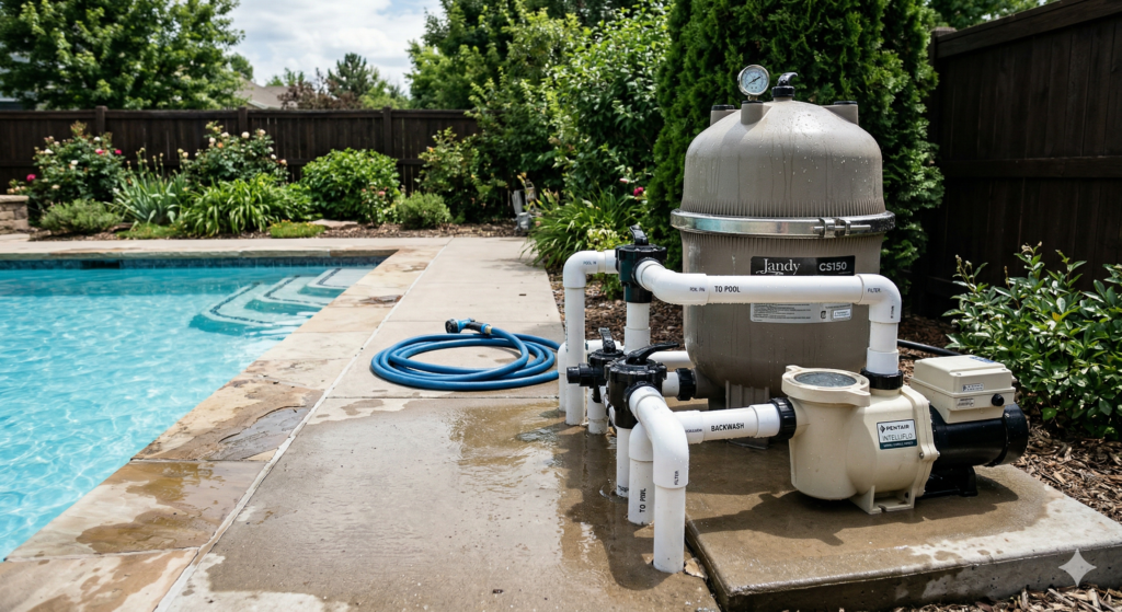 Pool filter and pump system at a residential pool in the West Valley